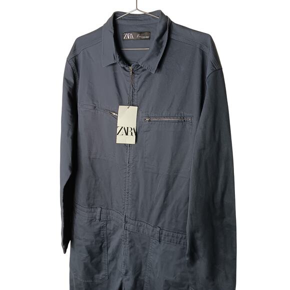New ZARA Navy Utility Zip Front Jumpsuit XL Long Sleeve One Piece - Picture 5 of 16